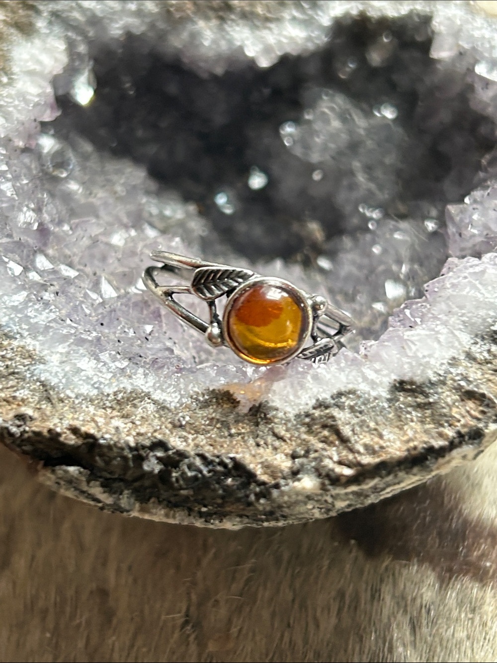 Sterling Leaf Ring with Amber Cabochon - Warm natural look